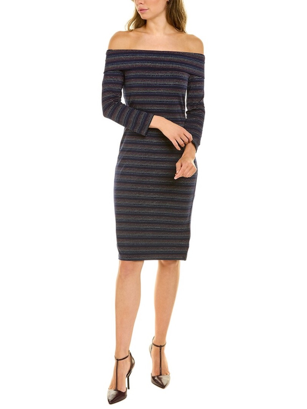 Trina Turk Conch Navy Striped Off-Shoulder Long Sleeve Dress Medium 8 10
 NWT